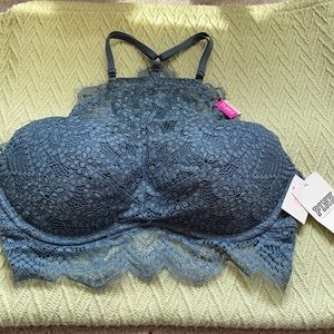 Victoria Secret Pink Push Up High Neck Grey Lace Bra Size Small AA-C NWT